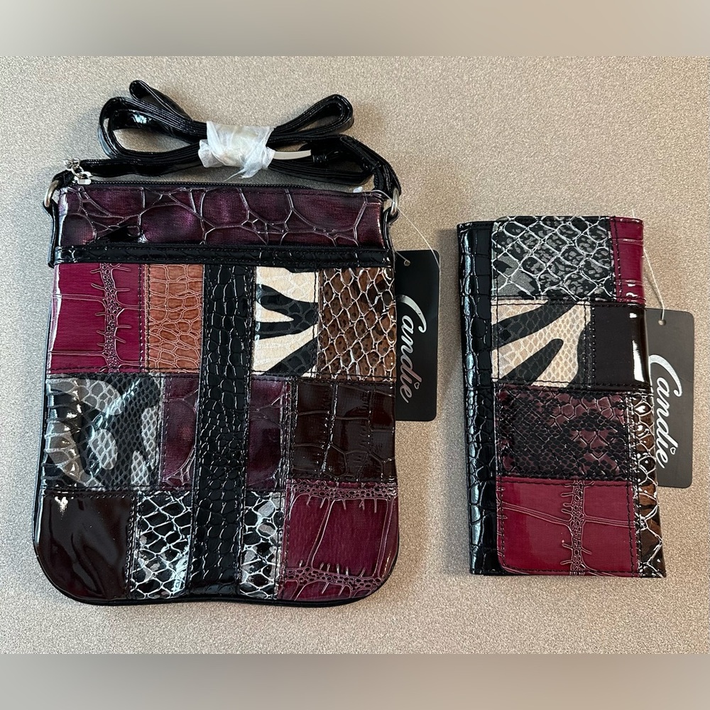 Vegan Patent Leather Patchwork Print Crossbody Purse & Wallet set - NWT